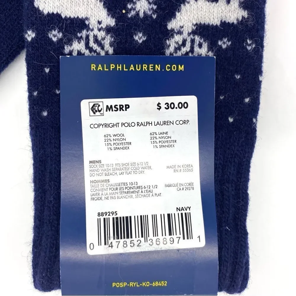 Polo Ralph Lauren Wool Dress Socks Intarsia Moose Navy Blue